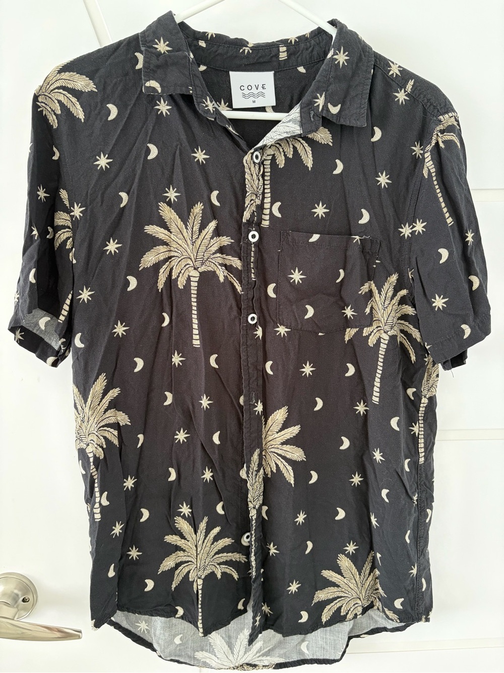 Cove Men's Black Palm-Print Short Sleeve Button-Up Shirt mystical spiritual